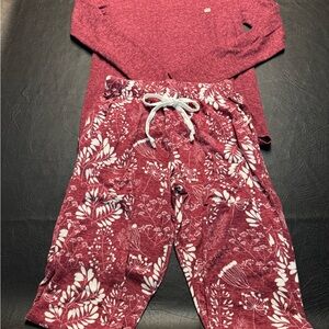 Born Lounge Set Small Burgundy Floral Top & Wide Leg Pants Cozy Soft